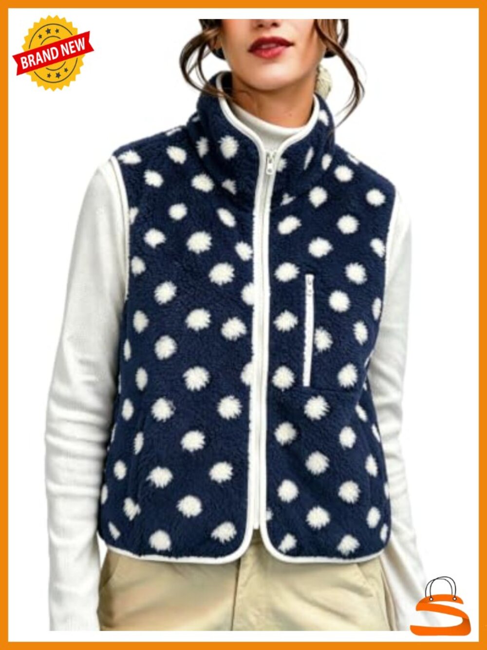 Womens Polka Dot Fleece Vest Oversized Sherpa Zip Up Vest Jacket
